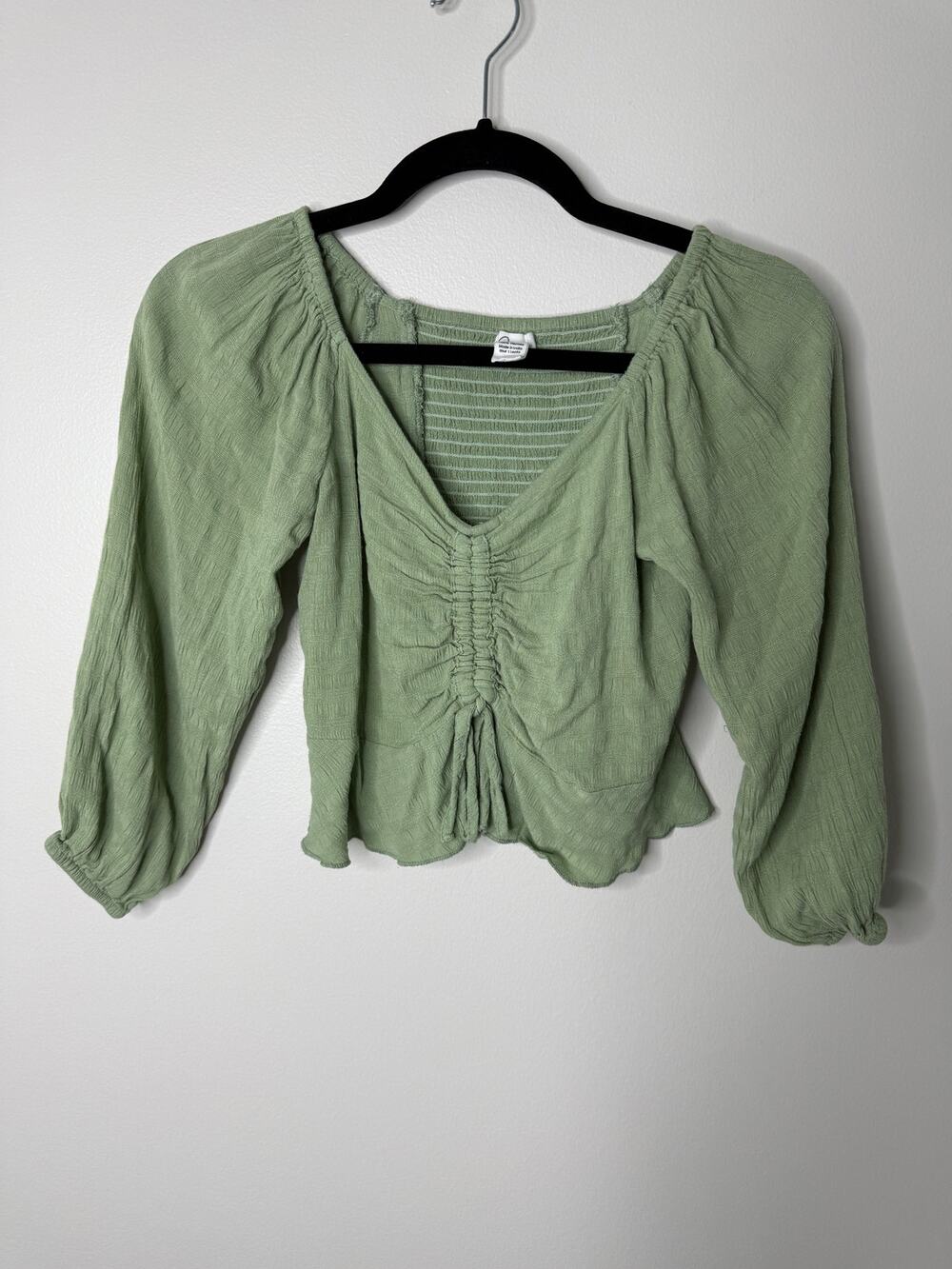 Light Sage Green Gathered Smocked Renfest Fairycore Milkmaid Top Small